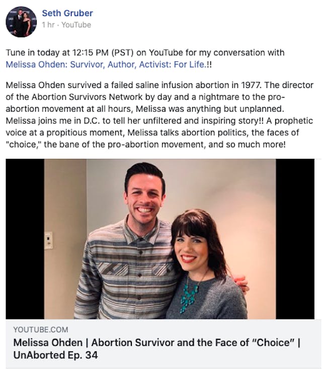 Censored Facebook post from Seth Gruber Facebook removes interview with abortion survivor, labels as ‘spam’ and ‘misleading others’ image