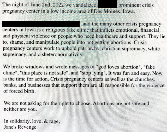 Alleged Jane’s Revenge communique takes credit for alleged attack on pro-life pregnancy center Image: Alleged Jane's Revenge communique takes credit for alleged attack on pro-life pregnancy center
