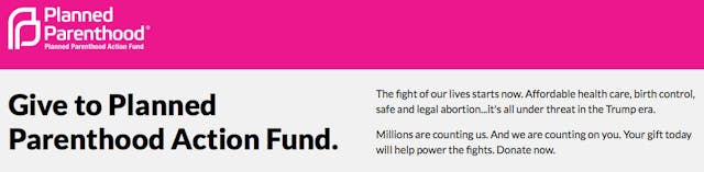 Web page header screenshot from Planned Parenthood Action Fund website President of politically active Planned Parenthood: ‘Abortion… shouldn’t be politicized’ image