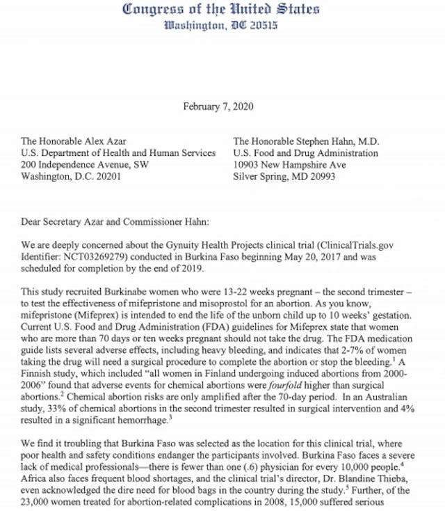 Congressional letter regarding abortion pill clinical trial Feb 7 2020 Image: Congressional letter regarding abortion pill clinical trial Feb 7 2020