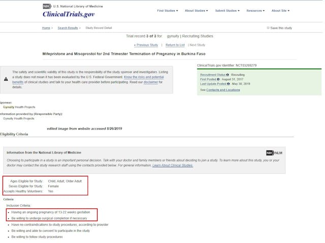 Abortion Pill Clinical Trial outside US for second trimester sponsored by Gynuity (Image: FDA Clinical Trial website) Image: Abortion Pill Clinical Trial outside US for second trimester sponsored by Gynuity (Image: FDA Clinical Trial website)