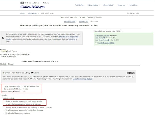 Image: Abortion Pill Clinical Trial outside US for second trimester sponsored by Gynuity (Image: FDA Clinical Trial website)