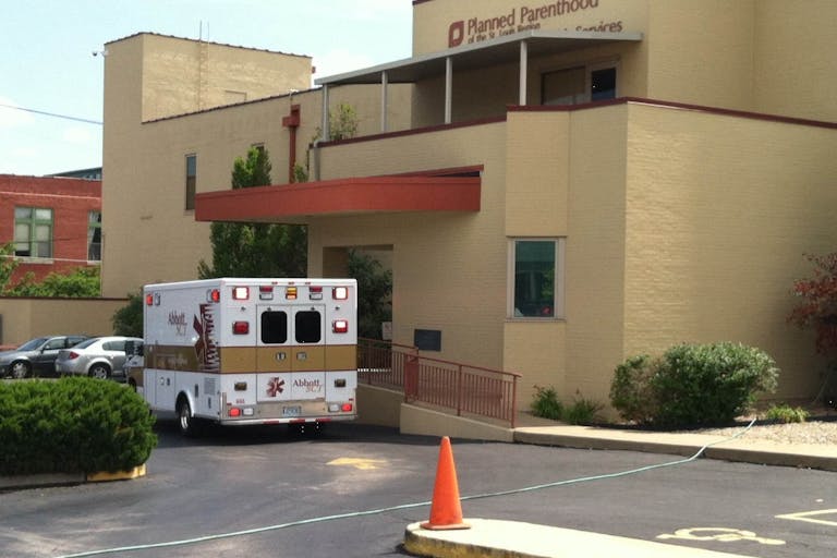 An ambulance parked outside the St. Louis Planned Parenthood. Medication abortion is unsafe, too.