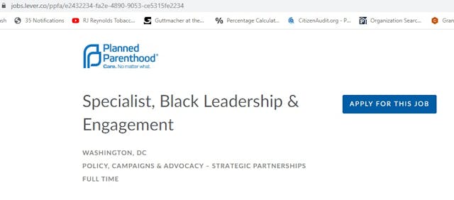 Job posting for Planned Parenthood Specialist Black Leadership Image: Job posting for Planned Parenthood Specialist Black Leadership accessed 02042020