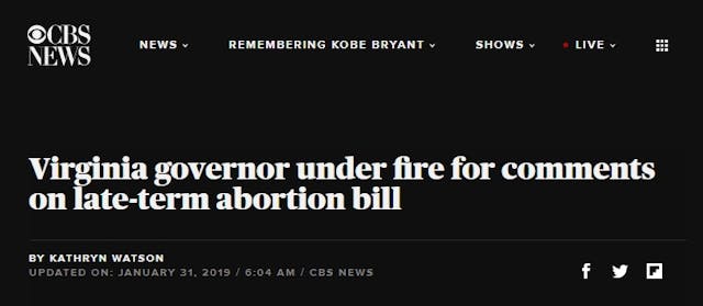 CBS News Headline on late-term abortion Jan 2019 Image: CBS News Headline on late-term abortion Jan 2019