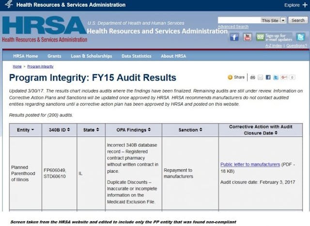 Planned Parenthood Illinois non-compliant 340B program from HRSA website