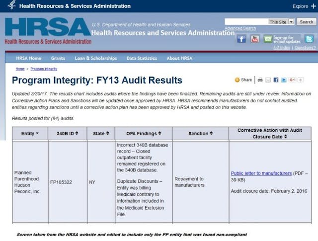Planned Parenthood Hudson Peconic non-compliant HRSA 340B Program Planned Parenthood Hudson Peconic non-compliant HRSA 340B Program