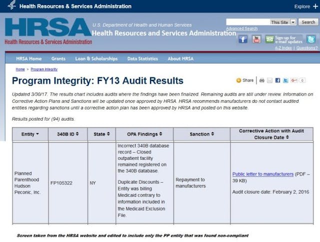Planned Parenthood Hudson Peconic non-compliant HRSA 340B Program