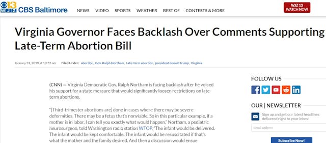 CBS Baltimore Headline on late-term abortion Jan 31 2019 Image: CBS Baltimore Headline on late-term abortion Jan 31 2019