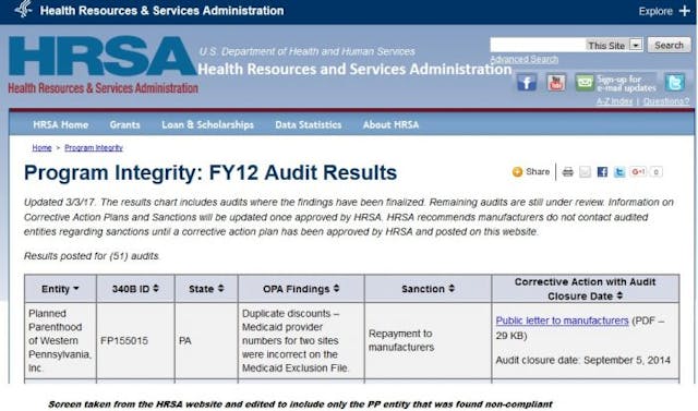 Planned Parenthood Western Pennsylvania non-compliant 340B program HRSA