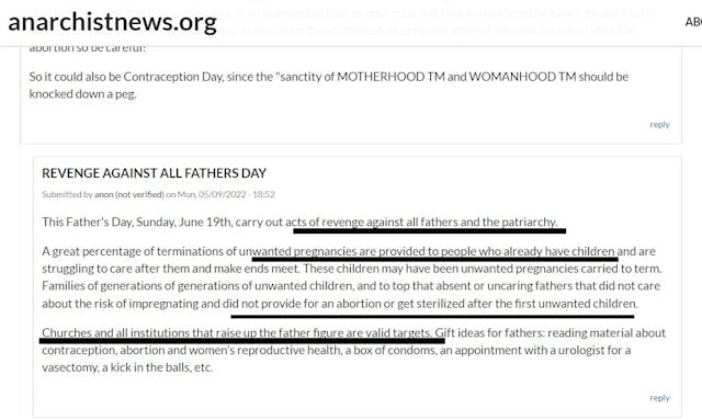 Anarchists’ suggests Acts of Revenge Against Fathers on Father’s Day Image: Anarchists' suggests Acts of Revenge Against Fathers on Father's Day