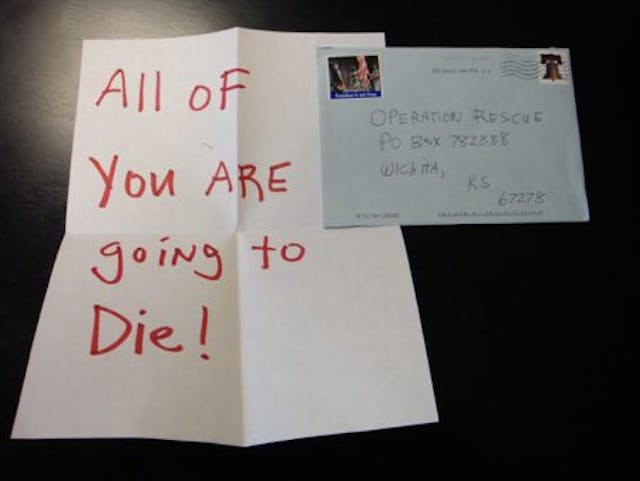 Threatening letter sent to pro-life group Operation Rescue Image: Threatening letter sent to pro-life group Operation Rescue
