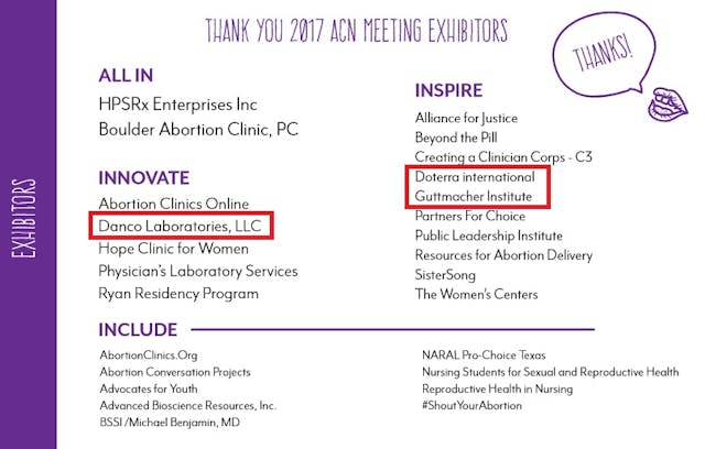 Abortion Care Network 2017 exhibitors includes DANCO and Doterra Image: Abortion Care Network 2017 exhibitors includes Danco and Doterra