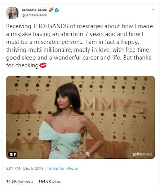 Actress Jameela Jamil deletes pro-abortion Instagram post after commenters point out flawed logic image