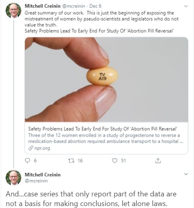 Mitchell D Creinin tweets against APR (Image: Twitter) Image: Mitchell D Creinin tweets against APR (Image: Twitter)