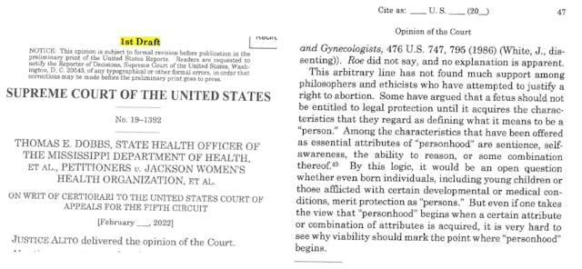Supreme Court draft opinion in Dobbs on personhood Image: Supreme Court draft opinion in Dobbs on personhood