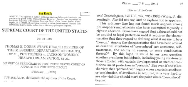 Image: Supreme Court draft opinion in Dobbs on personhood