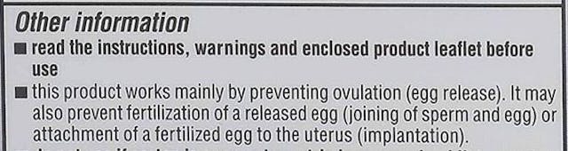 Close-up of the back of a Plan B box, describing how it can prevent implantation plan b