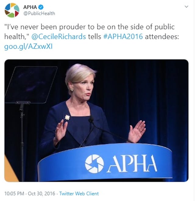 American Public Health Association APHA keynote speaker Cecile Richards of Planned Parenthood (Image: Twitter) Image: American Public Health Association APHA keynote speaker Cecile Richards of Planned Parenthood (Image: Twitter)
