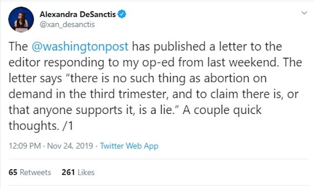 Image: Alexandria DeSanctis on WAPO letter regarding late term abortion (Image Twitter)