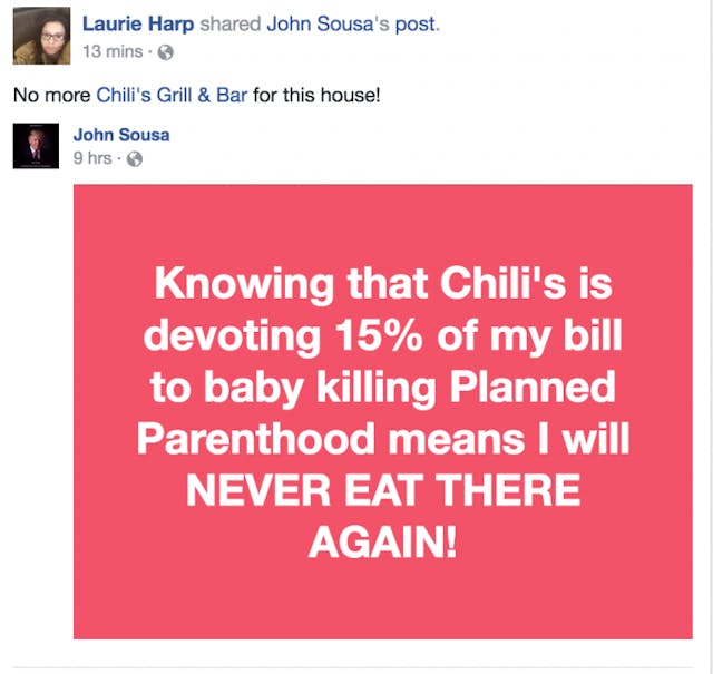 Pro-life backlash leads Chili’s restaurant to cancel Planned Parenthood fundraiser image