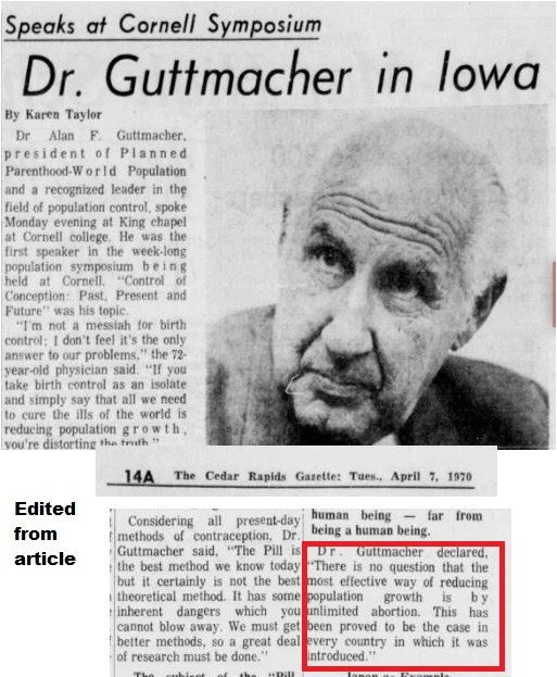 Image: Alan F Guttmacher suggests unlimited abortion reduces population growth (Cedar Rapids Gazette April 7, 1970)