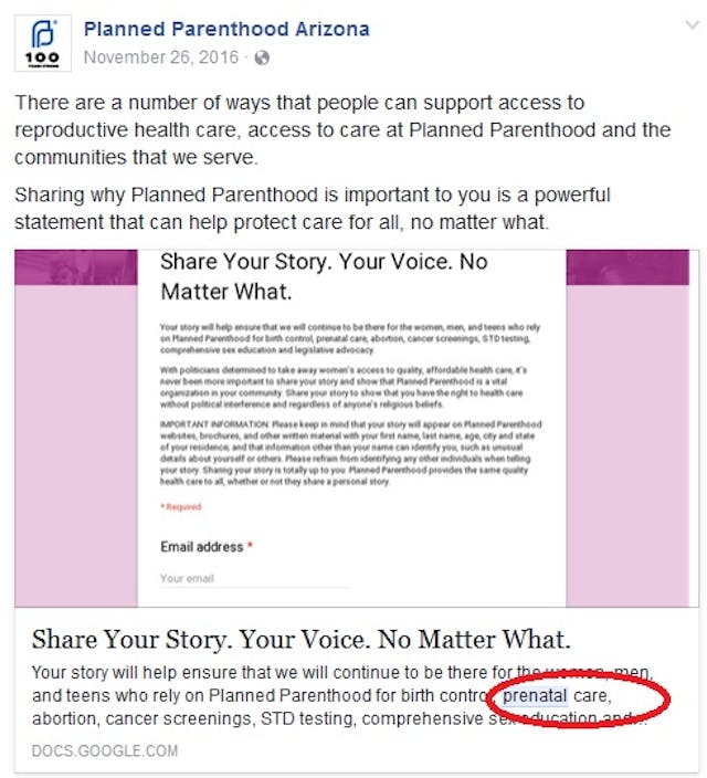 Arizona media outlet fails to fact check AZ Planned Parenthood CEO on prenatal care image