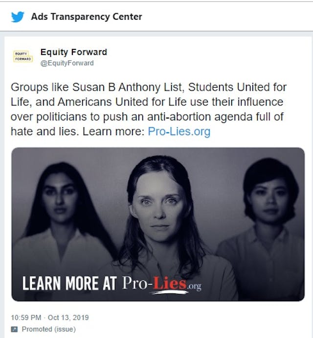 Pro-abortion Equity Forward attacks pro-life groups in Twitter ads (Image: Twitter) Image: Pro-abortion Equity Forward attacks pro-life groups in Twitter ads (Image: Twitter)