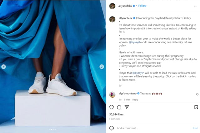 Olympian Allyson Felix champions moms with maternity-friendly sneaker return policy image
