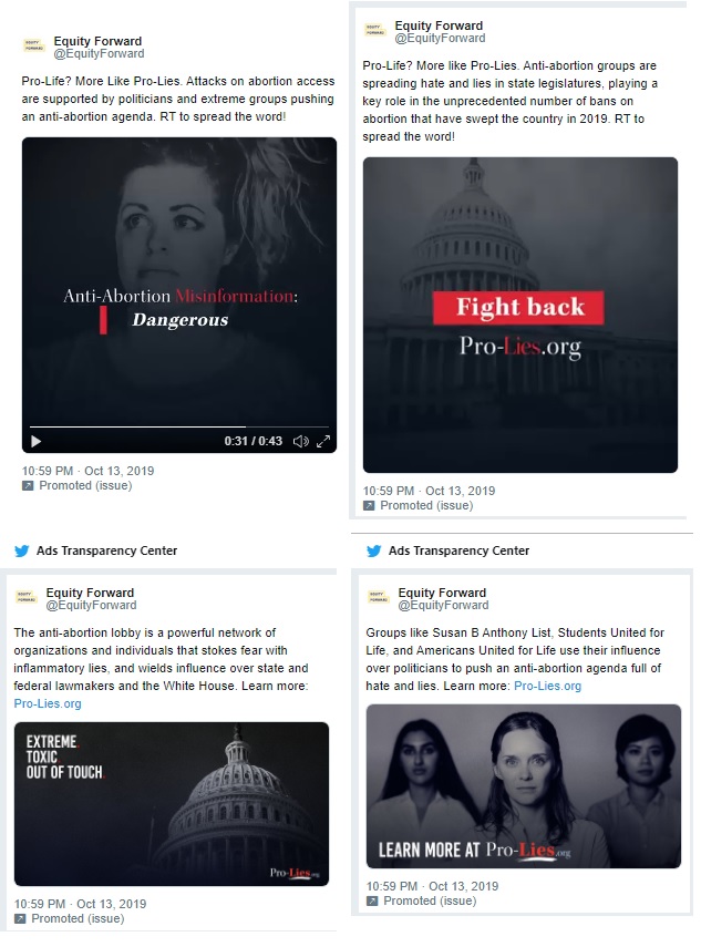 Image: Equity Forward buys Twitter ads to attack pro-life groups (Images: Twitter Ad Transparency)