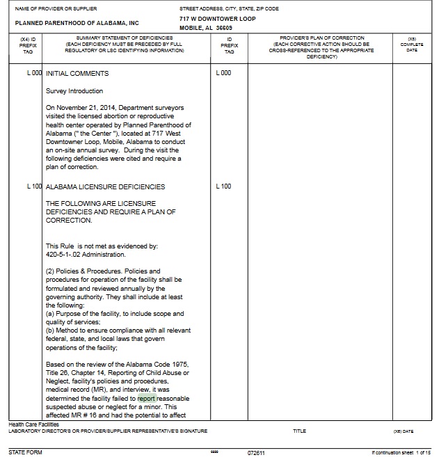 Planned Parenthood of Alabama Mobile failed to report child sexual abuse