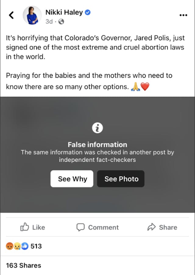 Screen shot of Facebook fact check warning. fact check