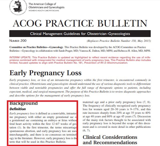 ACOG practice bulletin on pregnancy loss says fetus has a heartbeat Image: ACOG practice bulletin on pregnancy loss says fetus has a heartbeat