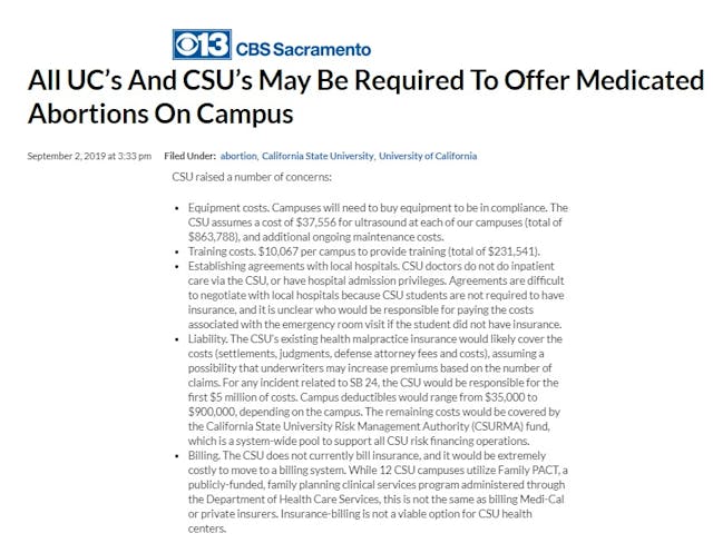CSU on costs of law mandating abortion pills on California campuses (Image: CBS Sacramento) Image: CSU on costs of law mandating abortion pills on California campuses (Image: CBS Sacramento)