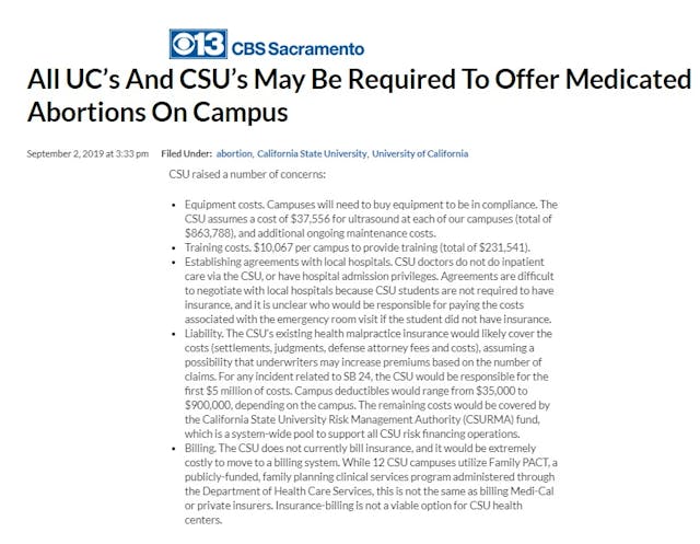Image: CSU on costs of law mandating abortion pills on California campuses (Image: CBS Sacramento)