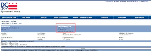 Image: Abortionist Cesare Santangela medical board address same as Washington Surgi Clinic