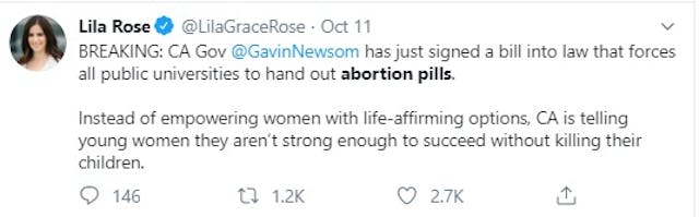 Lila Rose on law mandating abortion pills on California campus (Image: Twitter) zImage: Lila Rose on law mandating abortion pills on California campus (Image: Twitter)