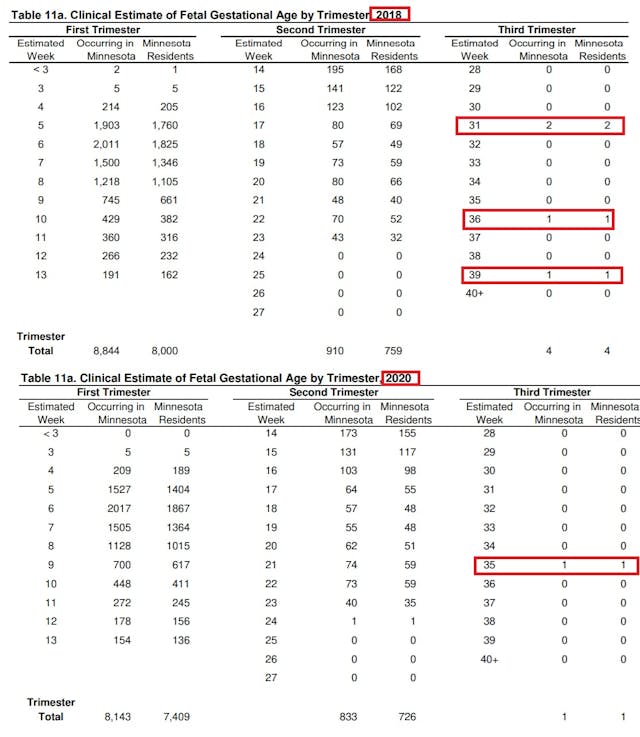 Minnesota abortion up to birth 2020 and 2018 gestation above 31 weeks Image: Late-term abortions in Minnesota up to birth 2020 and 2018 gestation above 31 weeks