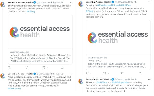 Essential Access Health Part of California Future for Abortion Council a TitleX grantee (Image: Twitter) Image: Essential Access Health Part of California Future for Abortion Council a TitleX grantee (Image: Twitter)