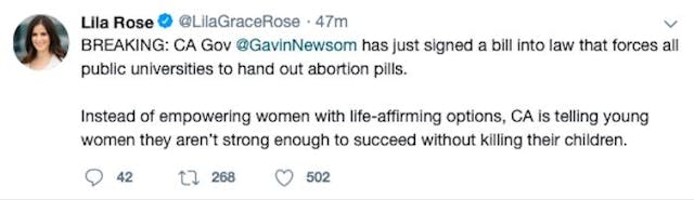 Lila Rose tweet California now requires public universities to provide the abortion pill image