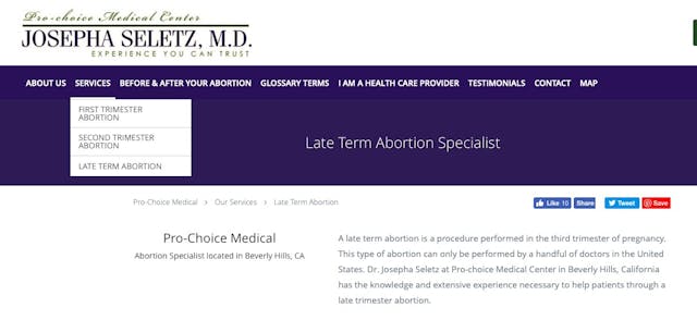 Josepha Seletz website screenshot showing she specializes in “late term abortion” abortion