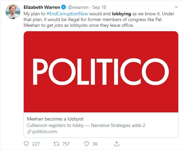 Image: Elizabeth Warren plan to end lobbying (Image: Twitter)