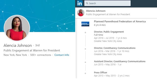 Alencia Johnson formerly Planned Parenthood staffer works E Warren Campaign (Image: LinkedIn) Image: Alencia Johnson formerly Planned Parenthood staffer works E Warren Campaign (Image: LinkedIn)