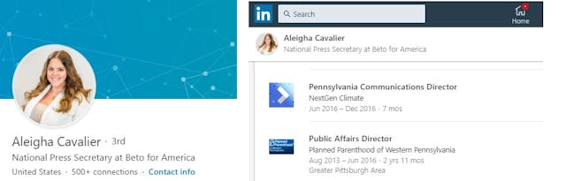 Aleigha Cavalier worked for Planned Parenthood now BETO campaign (Image: LinkedIn) Image: Aleigha Cavalier worked for Planned Parenthood now BETO campaign (Image: LinkedIn)