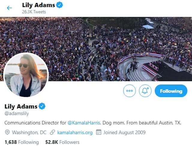 Lily Adams daughter of Cecile Richards Planned Parenthood prez works for Kamala Harris (Image: Twitter) Image: Lily Adams daughter of Cecile Richards Planned Parenthood prez works for Kamala Harris (Image: Twitter)