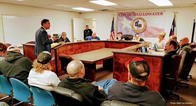 Representative Dustin Burrows speaks before the Shallowater City Council on Tuesday night. (Photo: Mark Lee Dickson) Representative Dustin Burrows speaks before the Shallowater City Council on Tuesday night. (Photo: Mark Lee Dickson)
