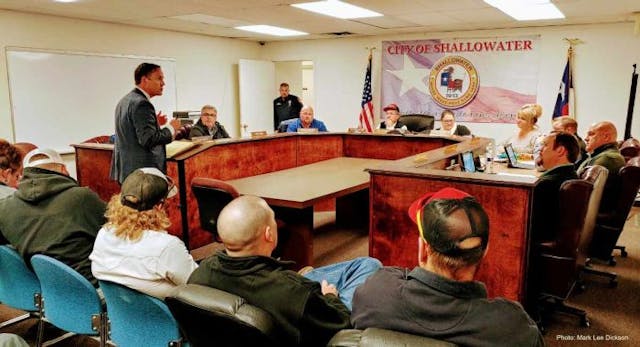 Representative Dustin Burrows speaks before the Shallowater City Council on Tuesday night. (Photo: Mark Lee Dickson)