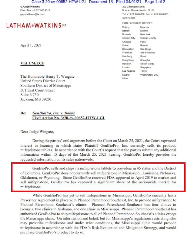 GenBioPro Dobbs Brief includes letter indicating generic abortion pill ships to 45 states Image: GenBioPro Dobbs Brief includes letter indicating generic abortion pill ships to 45 states