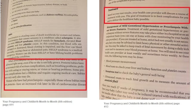 ACOG Book Preeclampsia Pages 411 and 413 (Image: ACOG book Your Pregnancy and Childbirth Month to Month) Image: ACOG Book Preeclampsia Pages 411 and 413