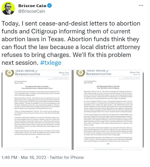 Texas House Rep Briscoe Cain cease letter to Citigroup over abortion (Image: Twitter) Image: Texas House Rep Briscoe Cain cease letter to Citigroup over abortion (Image: Twitter)